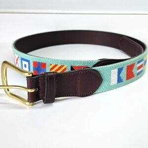 Harding Lane Nautical Flag Handmade Needlepoint Belt Mint Green Leather Men's 36